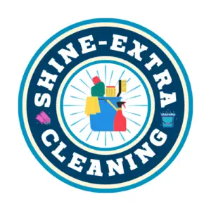 logo reads shine extra cleaning with a bucket in the center filled with cleaning supplies